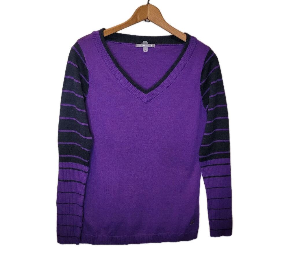 Smartwool Womens Merino Wool Purple Black Striped Sleeves V Neck Sweater Small